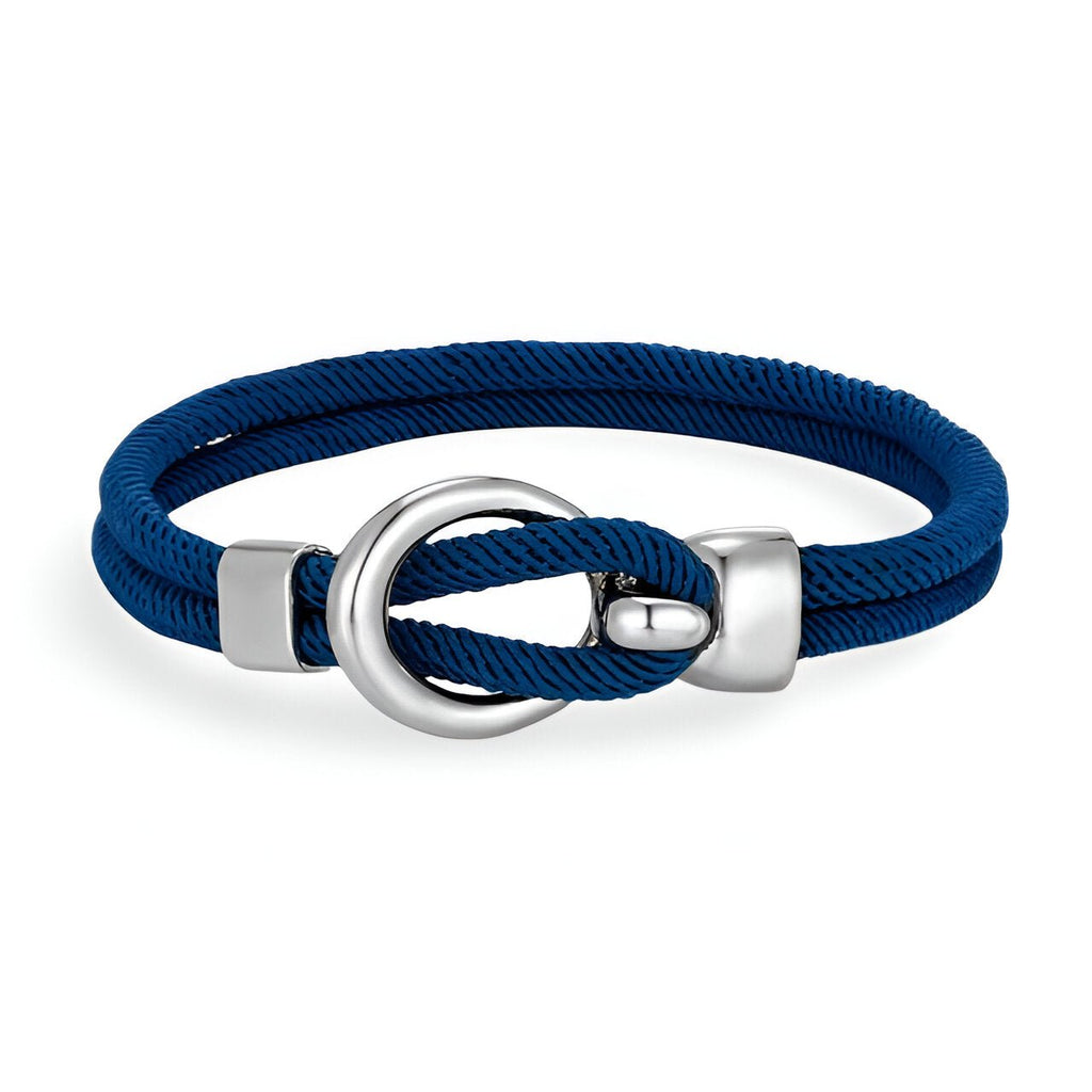 Bracelet cordon bleu marine avec crochet et anneau en acier inoxydable brillant.