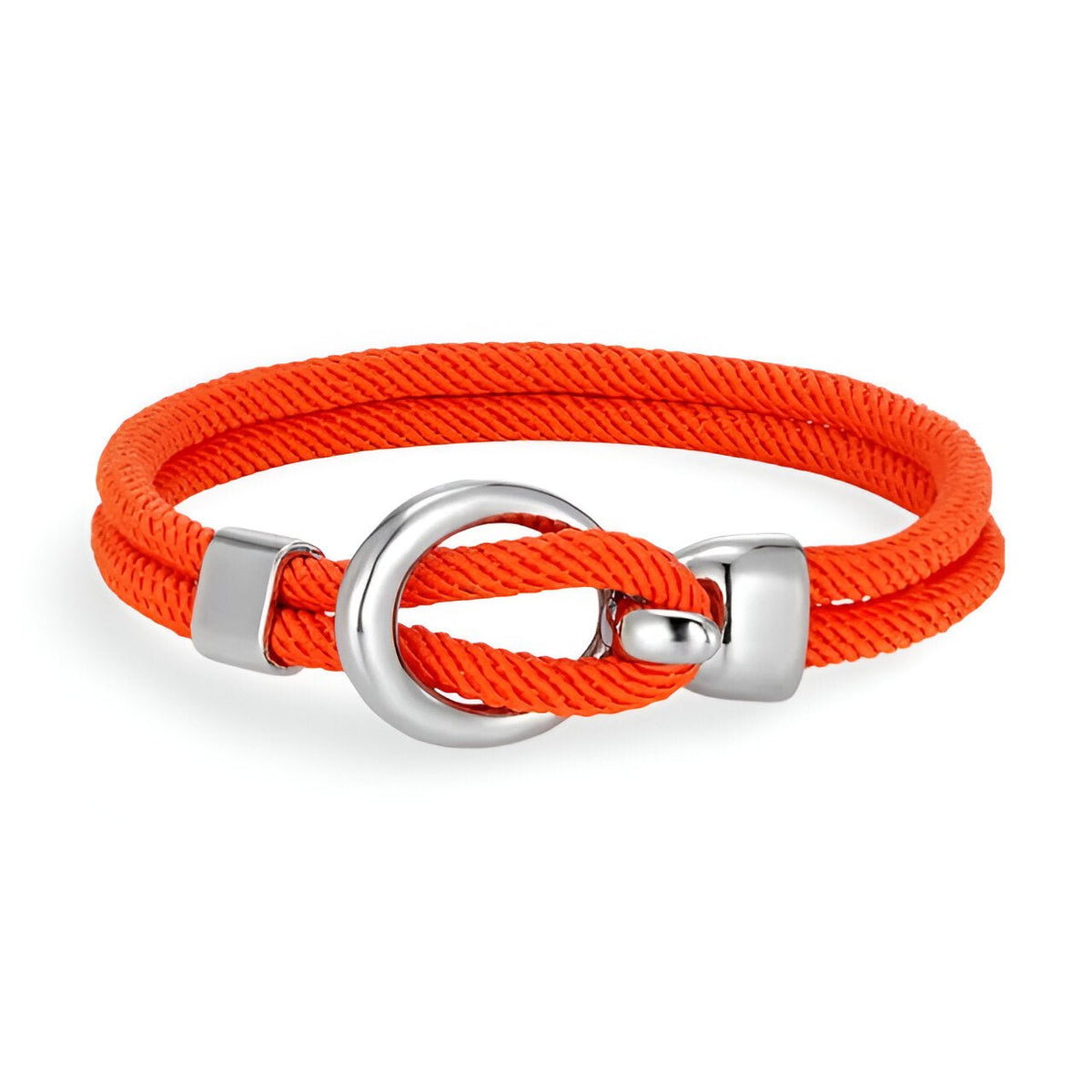 Bracelet cordon orange vif à double tour avec crochet rond en acier inoxydable brillant.