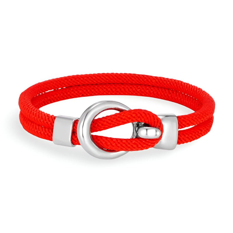 Bracelet cordon rouge vif avec crochet rond en acier inoxydable brillant, style Pedro.