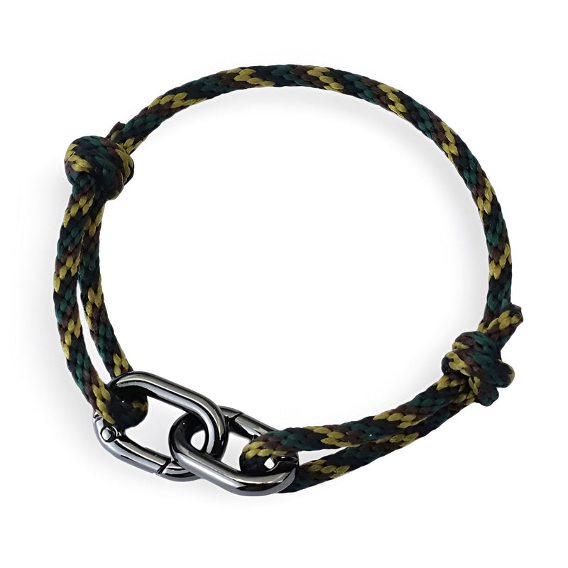 Bracelet cordon vert et marron à double mousquetons en métal noir pour homme.