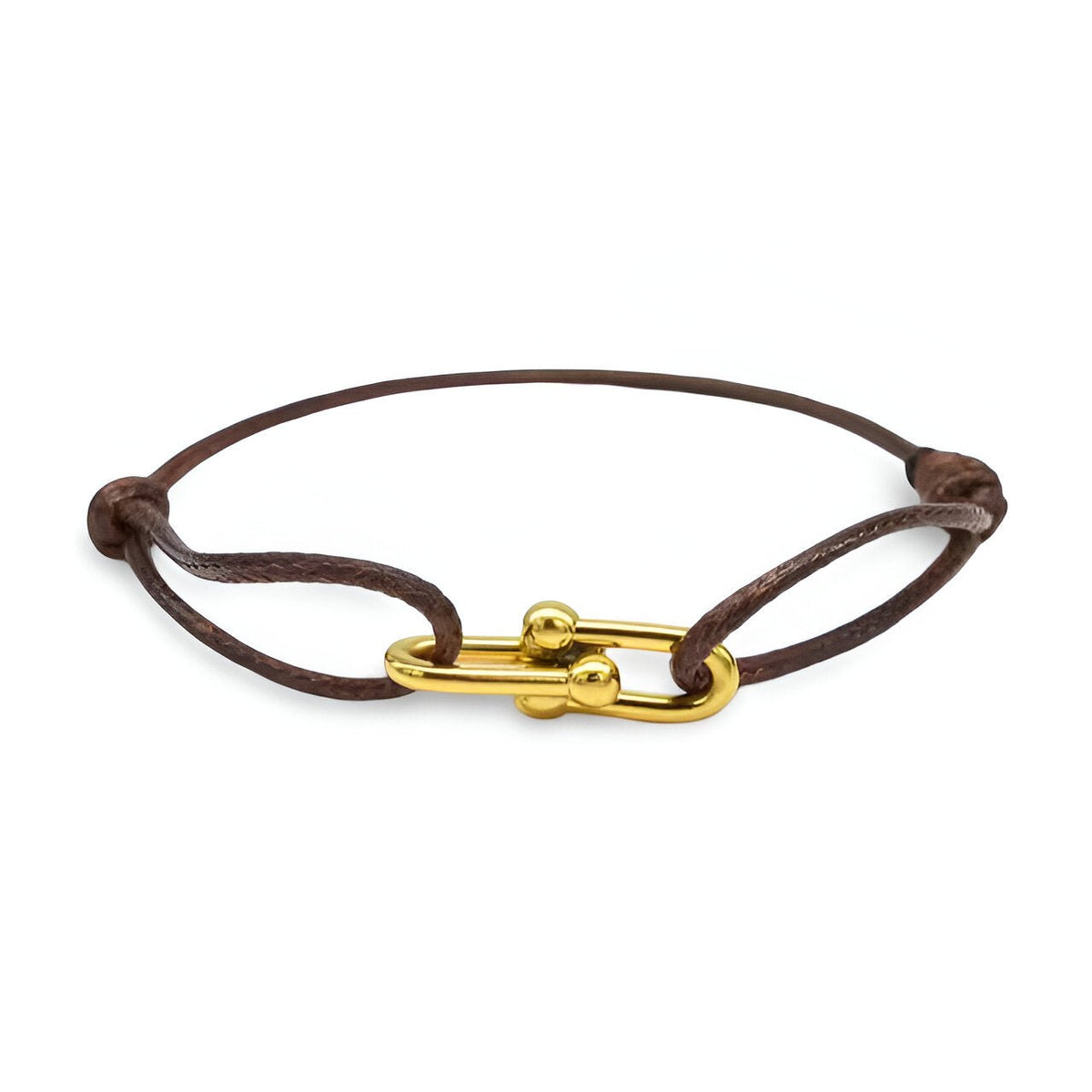 Bracelet cordon marron avec maillons dorés croisés et fermoir boucle élégante.