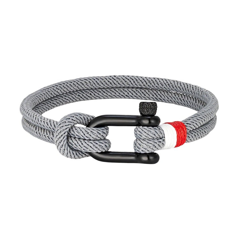 Bracelet cordon gris avec manille noire et détail rouge et blanc, modèle Elmire.