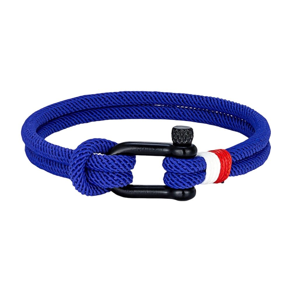 Bracelet cordon bleu royal avec manille noire, détail rouge et blanc, mousqueton élégant.
