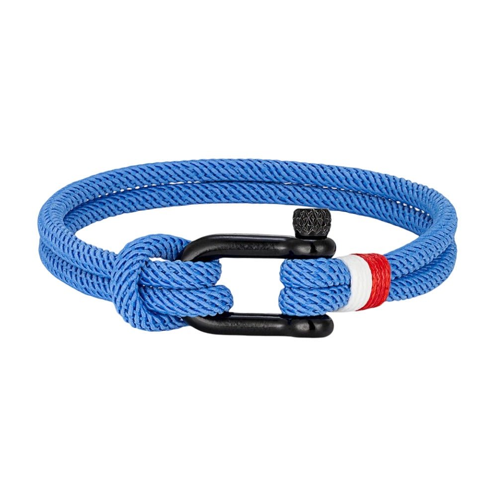 Bracelet cordon bleu marine à manille noire avec détail rouge et blanc, modèle Elmire.