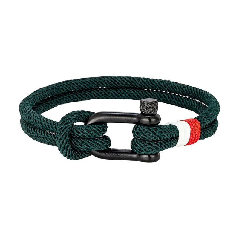 Bracelet cordon vert foncé à manille noire avec détail rouge et blanc en tissu tressé.