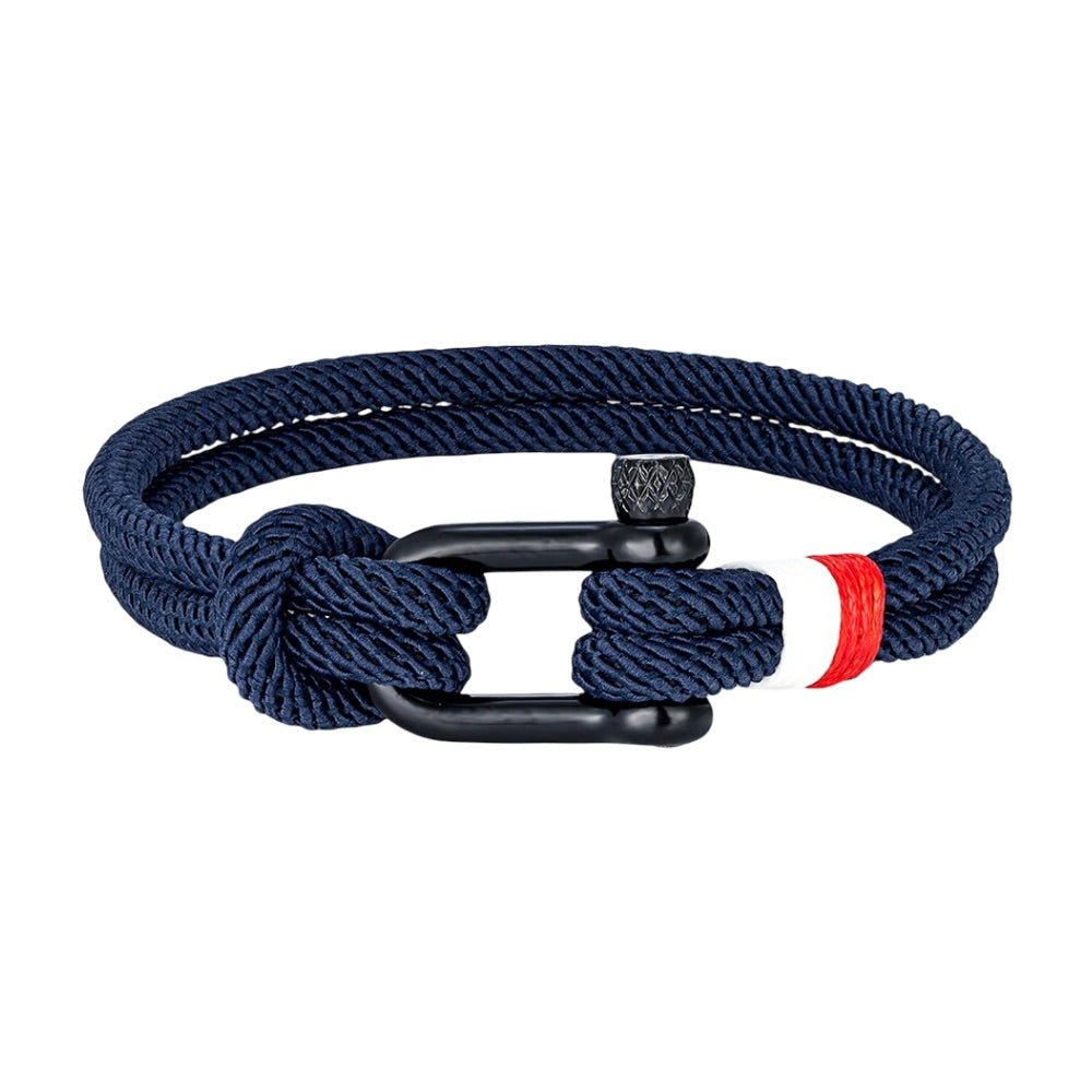 Bracelet cordon bleu marine à manille noire avec détail rouge et blanc, modèle Elmire.
