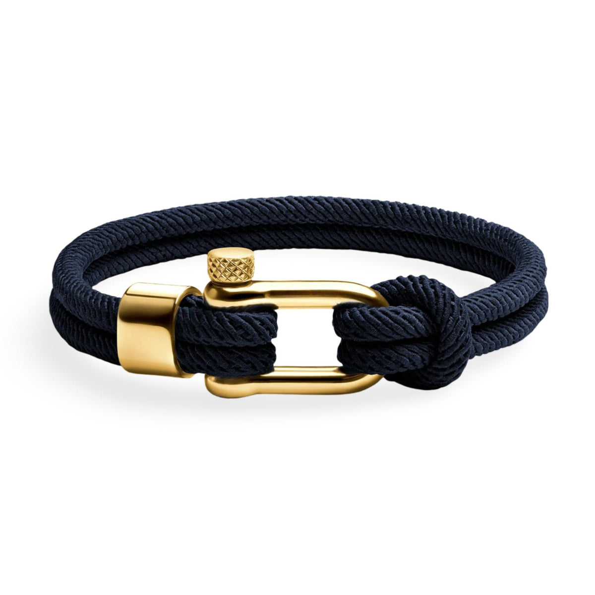 Bracelet cordon bleu marine avec mousqueton doré en acier inoxydable, design masculin élégant.