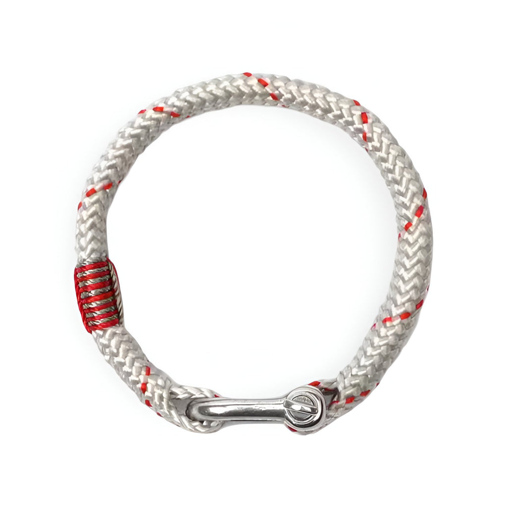 Bracelet cordon blanc avec motifs rouges, fermoir mousqueton acier inoxydable, style masculin.