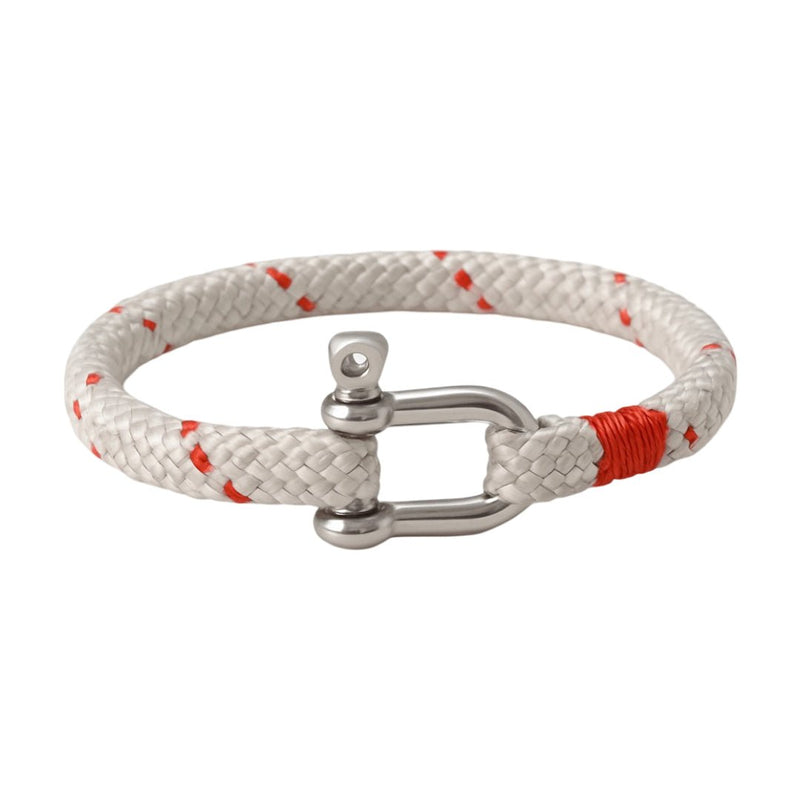 Bracelet cordon blanc à motifs rouges avec mousqueton en acier inoxydable, style masculin.