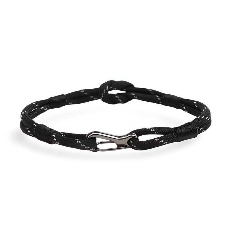 Bracelet cordon noir à nœud avec fermoir mousqueton argenté, style Parker pour homme.
