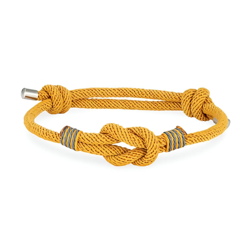Bracelet cordon jaune à nœud central et rayures grises, ajustable en tissu tressé.