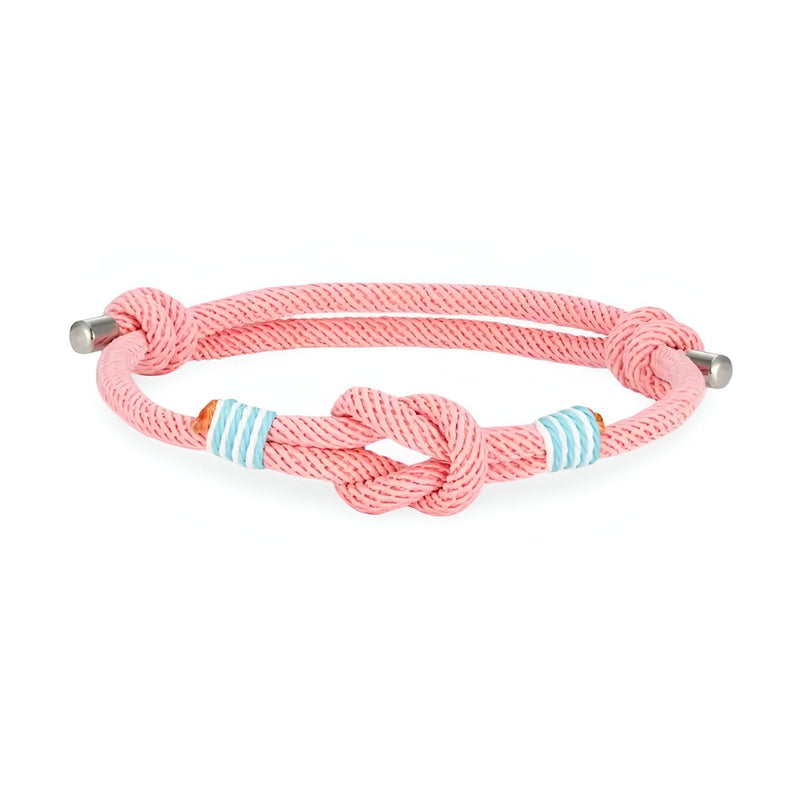 Bracelet cordon rose à nœud central avec rayures bleues claires ajustable.
