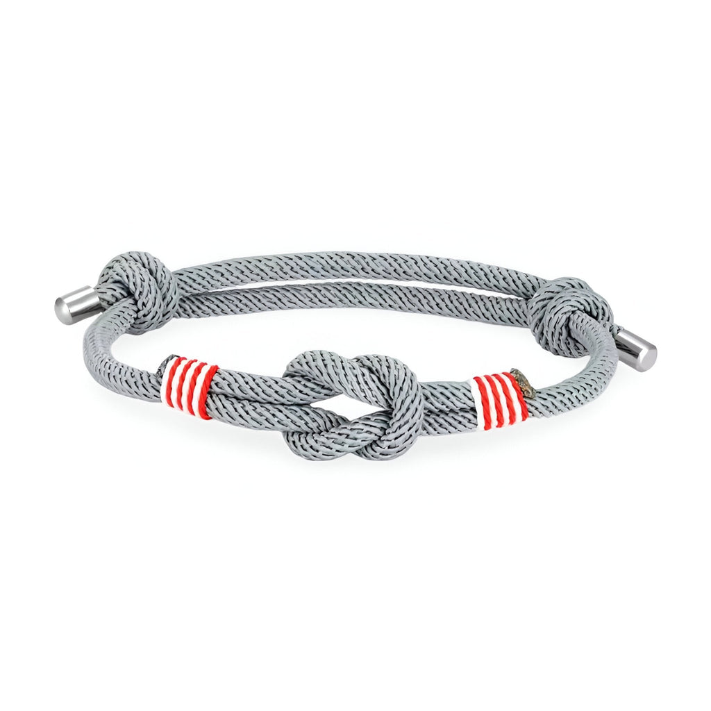 Bracelet cordon gris avec nœuds et rayures rouges, ajustable, modèle Kadeo.