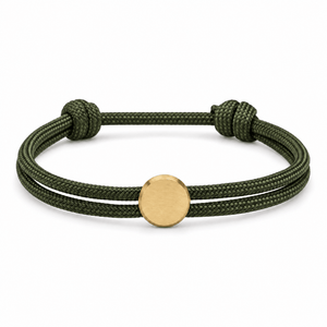 Bracelet Marsin Kaki et or, cordon ajustable et pastille ronde, posé de face sur fond blanc