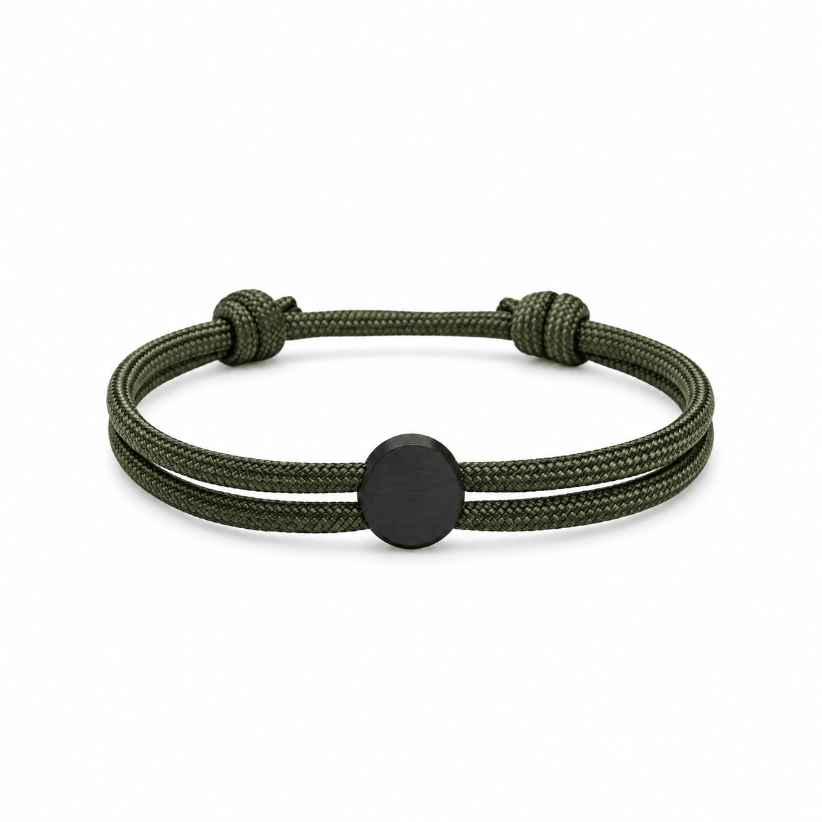 Bracelet Marsin Kaki et noir, cordon ajustable et pastille ronde, posé de face sur fond blanc
