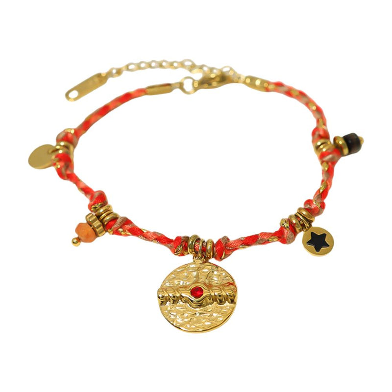 Pulsera de cordón ajustable para mujer, joya de acero inoxidable, medallón dorado con piedra de cristal, accesorio de moda con esmalte, esclava trenzada multicolor, modelo Piuna