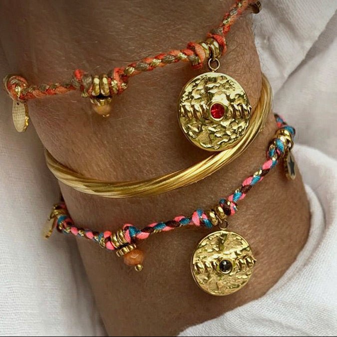 Pulsera de cordón ajustable para mujer, joya de acero inoxidable, medallón dorado con piedra de cristal, accesorio de moda con esmalte, esclava trenzada multicolor, modelo Piuna