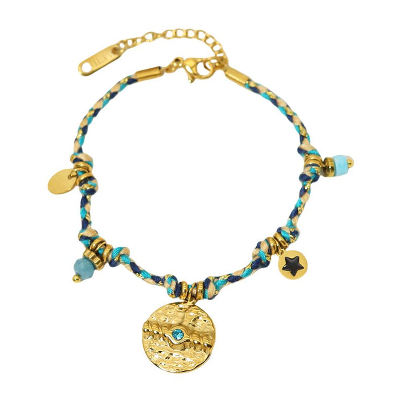 Pulsera de cordón ajustable para mujer, joya de acero inoxidable, medallón dorado con piedra de cristal, accesorio de moda con esmalte, esclava trenzada multicolor, modelo Piuna