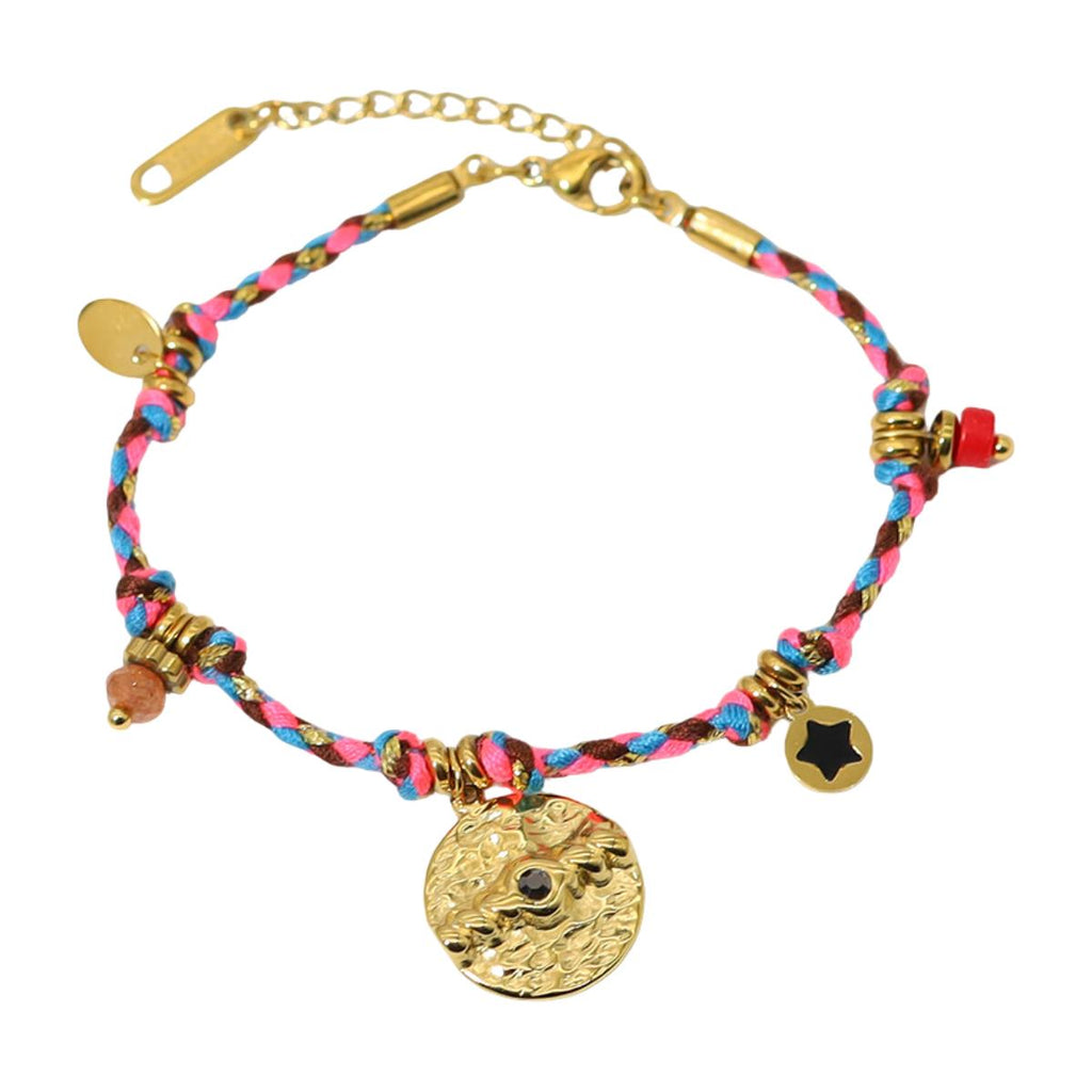 Pulsera de cordón ajustable para mujer, joya de acero inoxidable, medallón dorado con piedra de cristal, accesorio de moda con esmalte, esclava trenzada multicolor, modelo Piuna