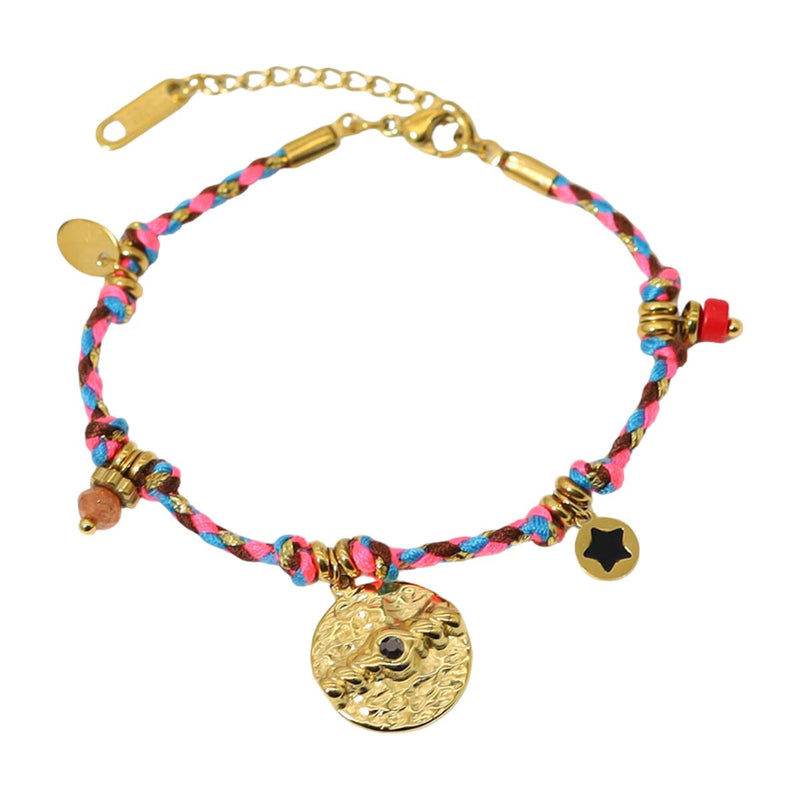 Pulsera de cordón ajustable para mujer, joya de acero inoxidable, medallón dorado con piedra de cristal, accesorio de moda con esmalte, esclava trenzada multicolor, modelo Piuna
