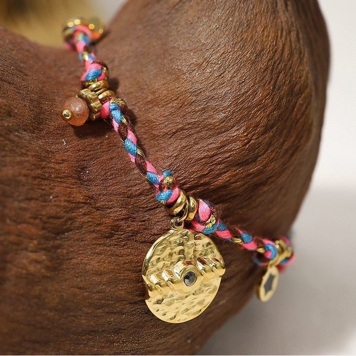 Pulsera de cordón ajustable para mujer, joya de acero inoxidable, medallón dorado con piedra de cristal, accesorio de moda con esmalte, esclava trenzada multicolor, modelo Piuna