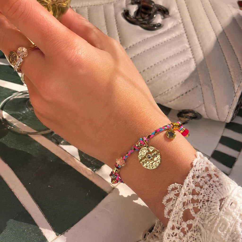 Pulsera de cordón ajustable para mujer, joya de acero inoxidable, medallón dorado con piedra de cristal, accesorio de moda con esmalte, esclava trenzada multicolor, modelo Piuna