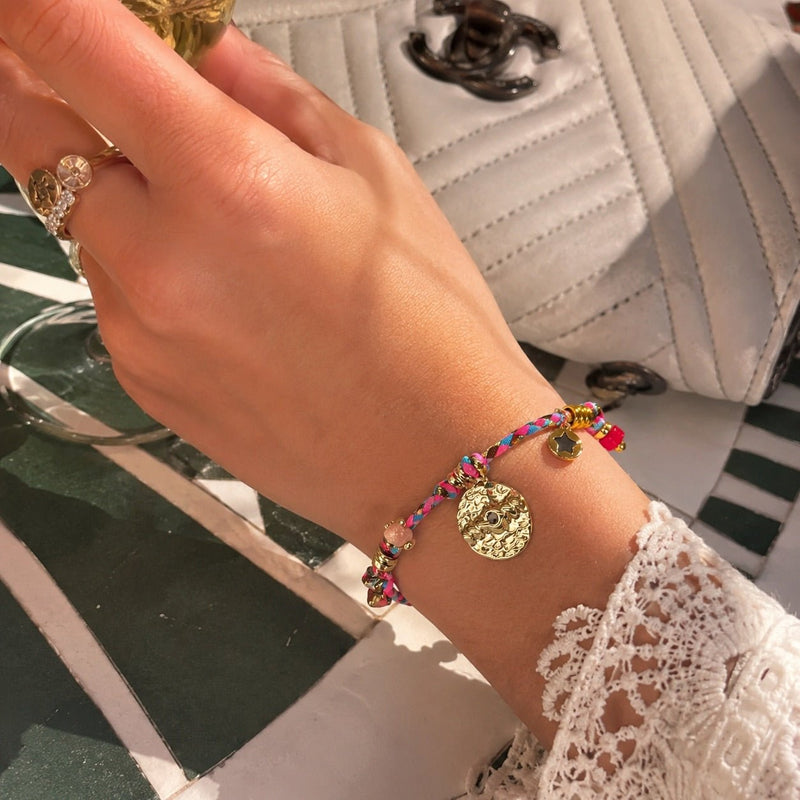 Pulsera de cordón ajustable para mujer, joya de acero inoxidable, medallón dorado con piedra de cristal, accesorio de moda con esmalte, esclava trenzada multicolor, modelo Piuna