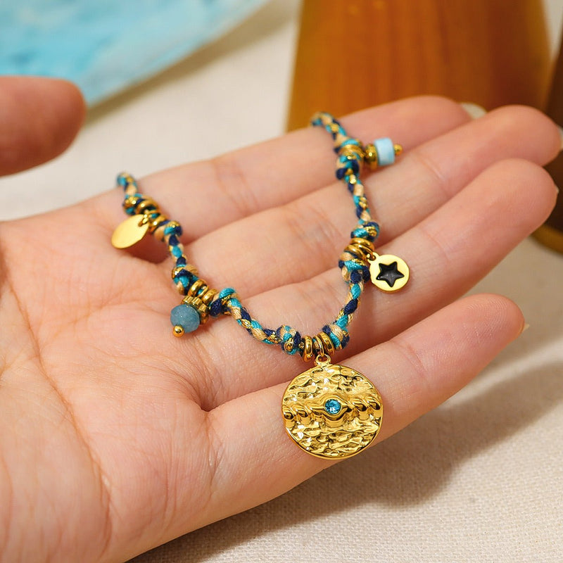 Pulsera de cordón ajustable para mujer, joya de acero inoxidable, medallón dorado con piedra de cristal, accesorio de moda con esmalte, esclava trenzada multicolor, modelo Piuna
