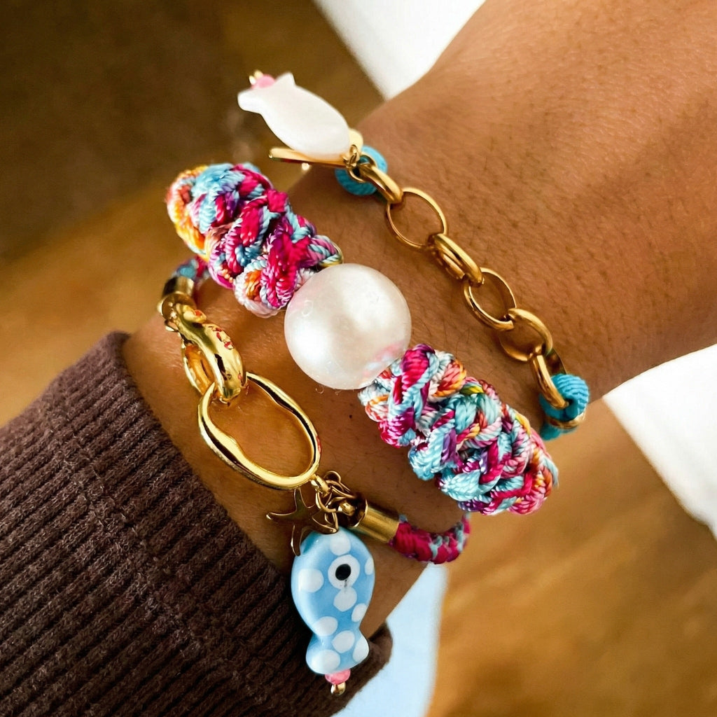 Koordarmband met diverse zeecharms, van roestvrij staal, voor dames, model Tilya