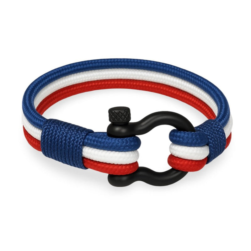 Bracelet cordon bleu blanc rouge tricolore avec mousqueton noir en acier inoxydable, style homme.
