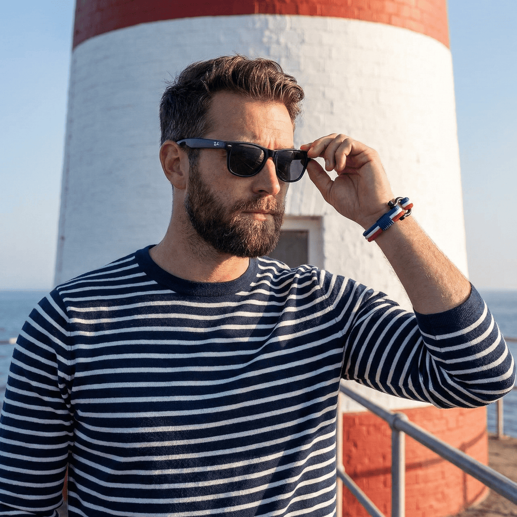 Armbånd med blå, hvid og rød snor, karabinhage i rustfrit stål, til mænd, model Samuel