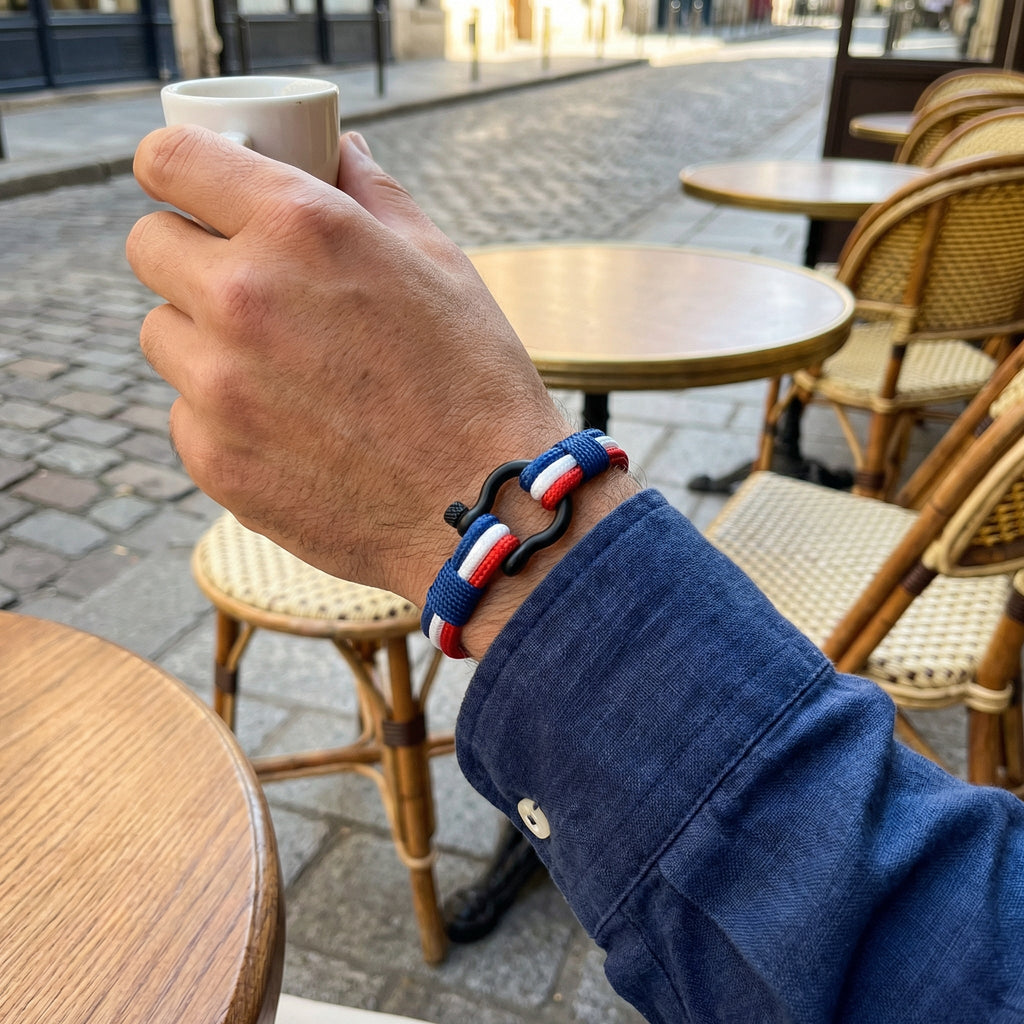 Armbånd med blå, hvid og rød snor, karabinhage i rustfrit stål, til mænd, model Samuel