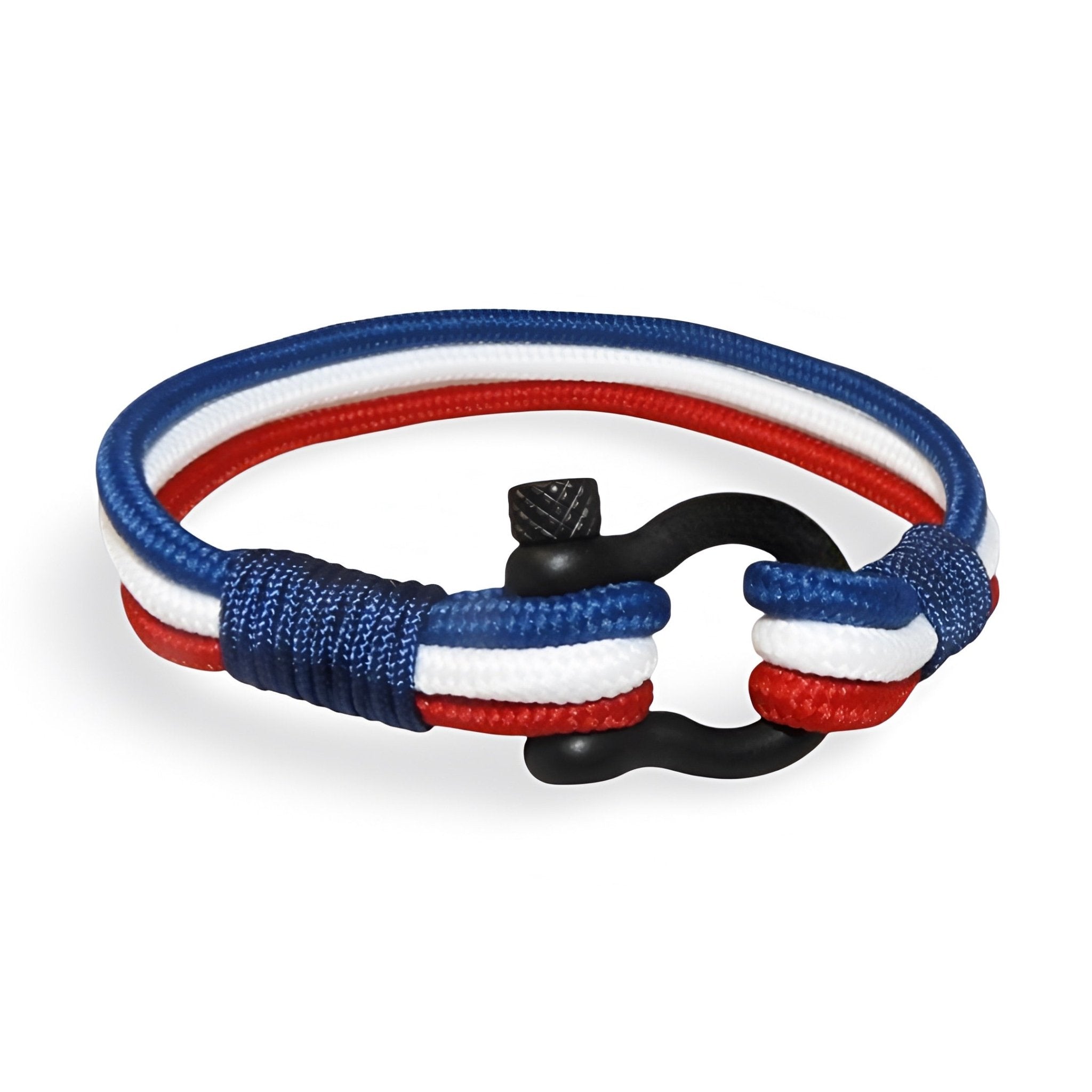 Bracelet cordon bleu blanc rouge, mousqueton en acier inoxydable, pour homme, modèle Samuel - La Boutique du Bracelet