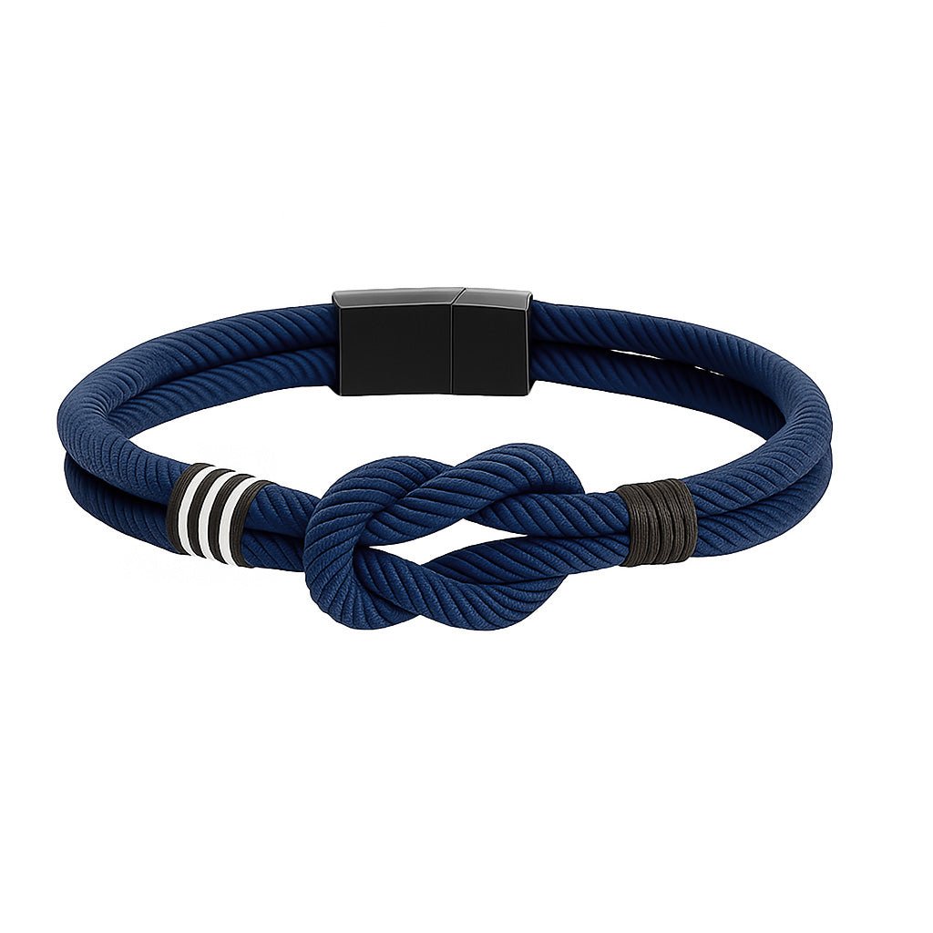 Bracelet cordon bleu marine en forme de noeud marin avec fermoir noir mat et anneaux blancs et noirs.