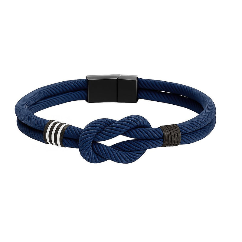 Bracelet cordon bleu marine en forme de noeud marin avec fermoir noir mat et anneaux blancs et noirs.