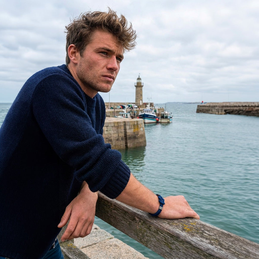 Bracelet cordon noir et blanc noué en noeud marin, style breton, porté au poignet masculin.