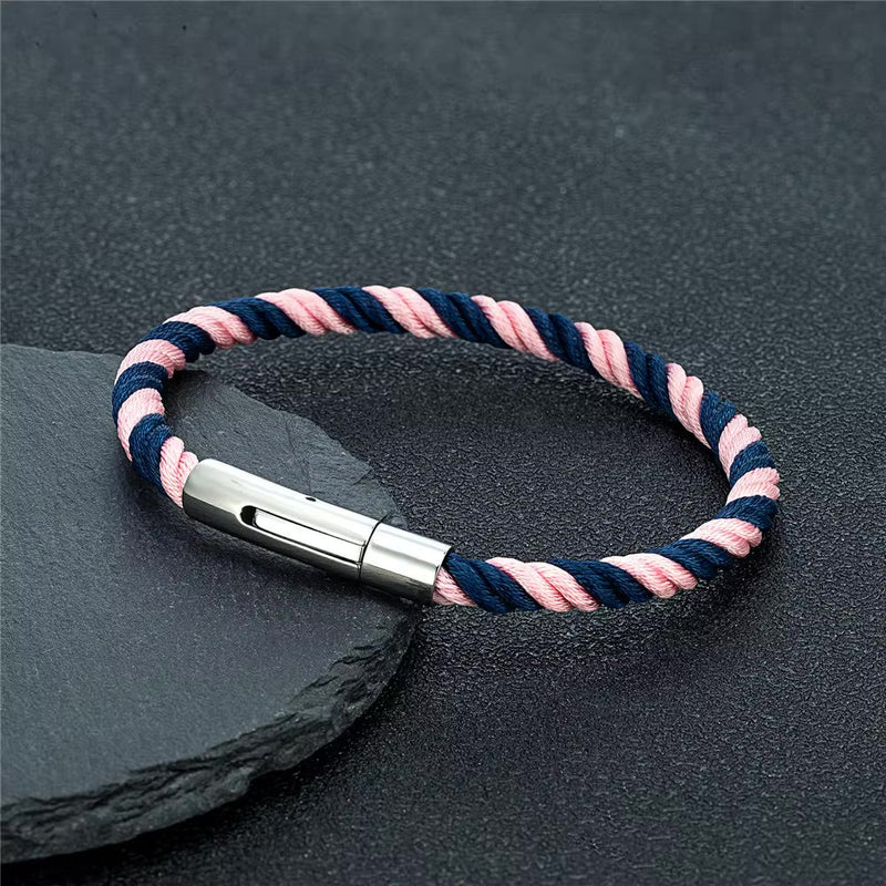 Bracelet cordon mixte bleu marine et rose avec fermoir métallique argenté, style Nash.