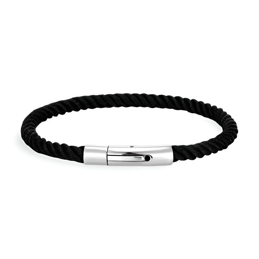 Bracelet cordon noir tressé avec fermeture métallique argentée mate, style unisexe, modèle Nash.