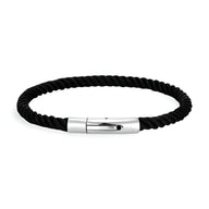 Bracelet cordon noir tressé avec fermeture métallique argentée mate, style unisexe, modèle Nash.