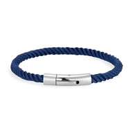 Bracelet cordon bleu marine tressé avec fermoir métallique argenté lisse modèle Nash.