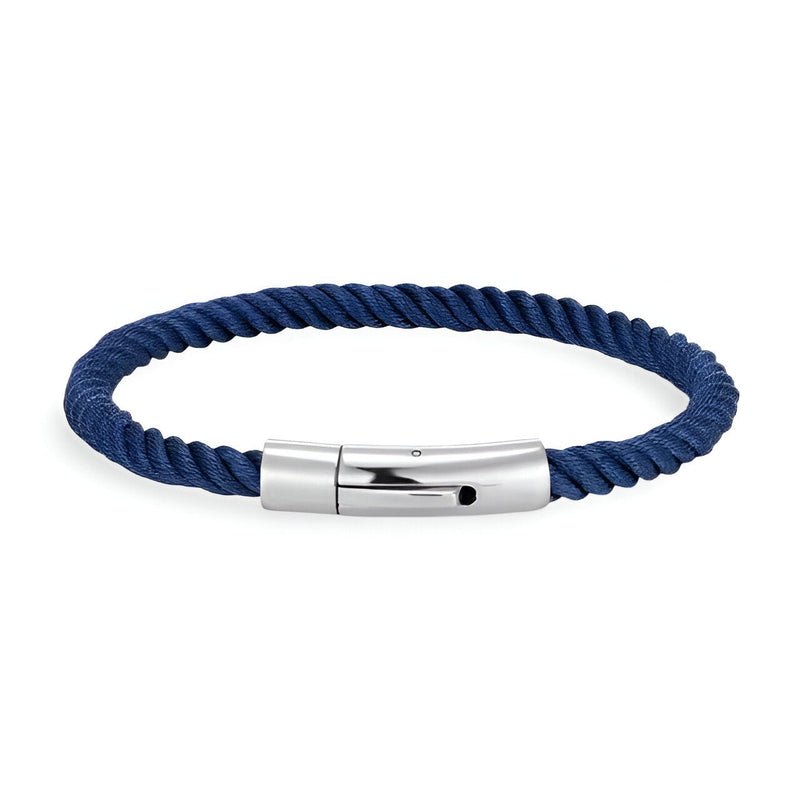 Bracelet cordon bleu marine tressé avec fermoir métallique argenté lisse modèle Nash.