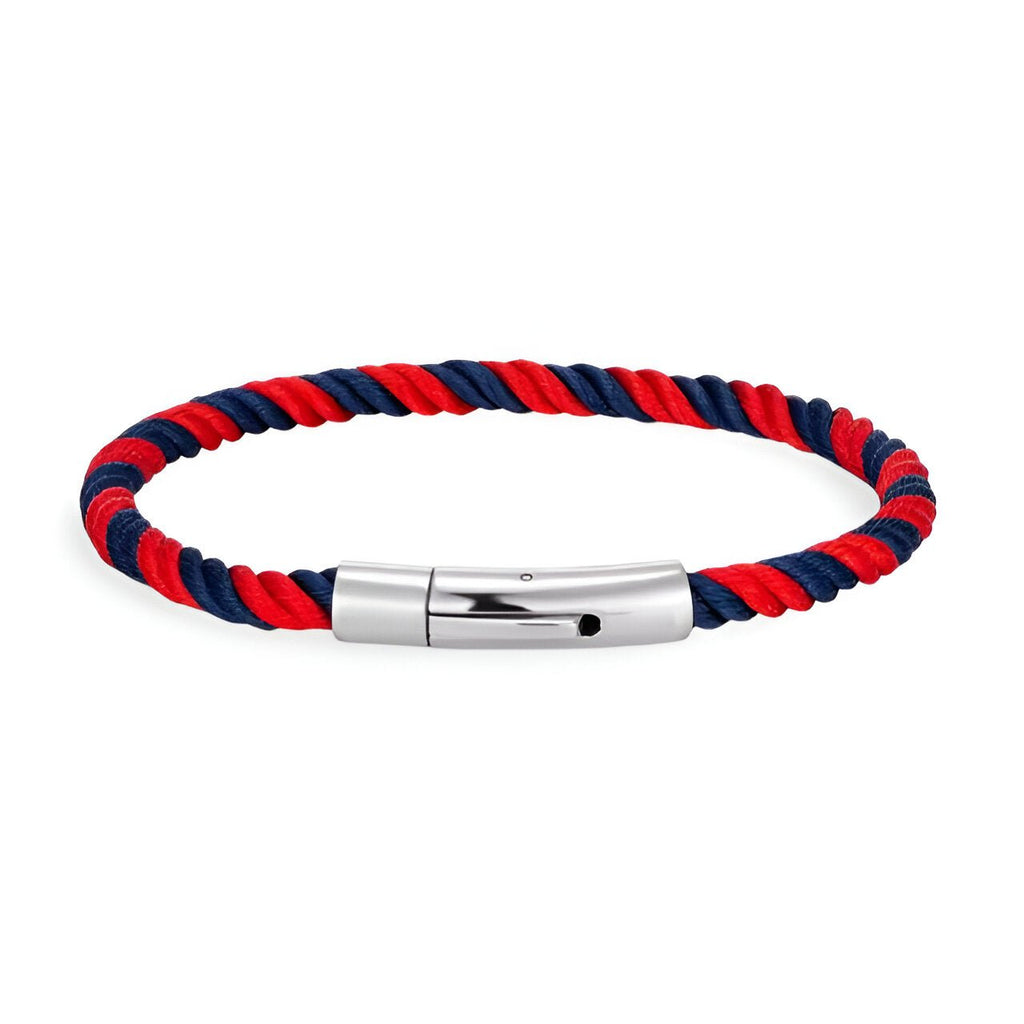 Bracelet cordon torsadé rouge et bleu avec fermoir métallique argenté lisse.