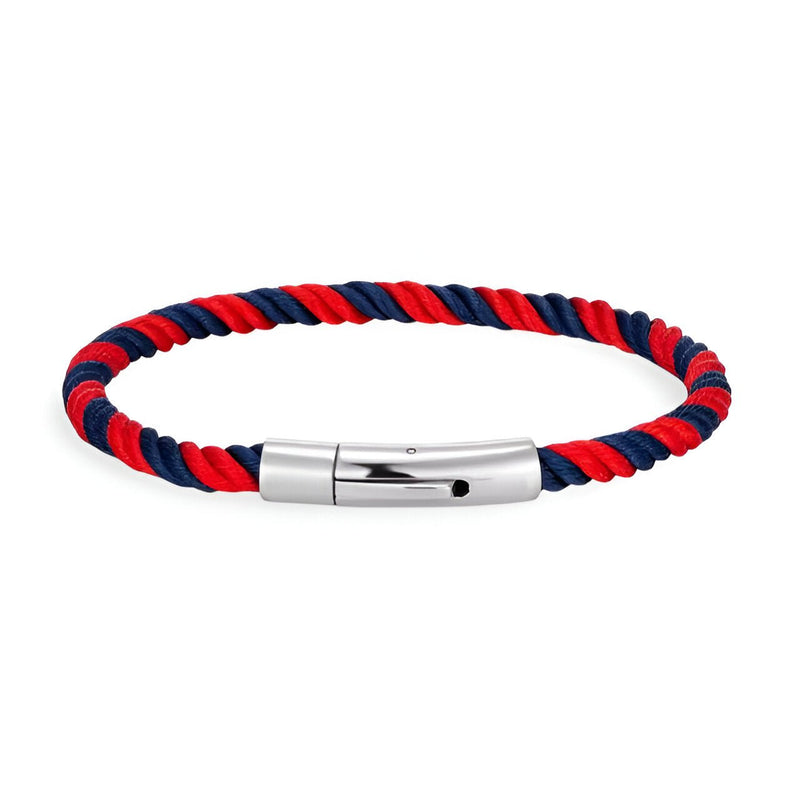 Bracelet cordon torsadé rouge et bleu avec fermoir métallique argenté lisse.