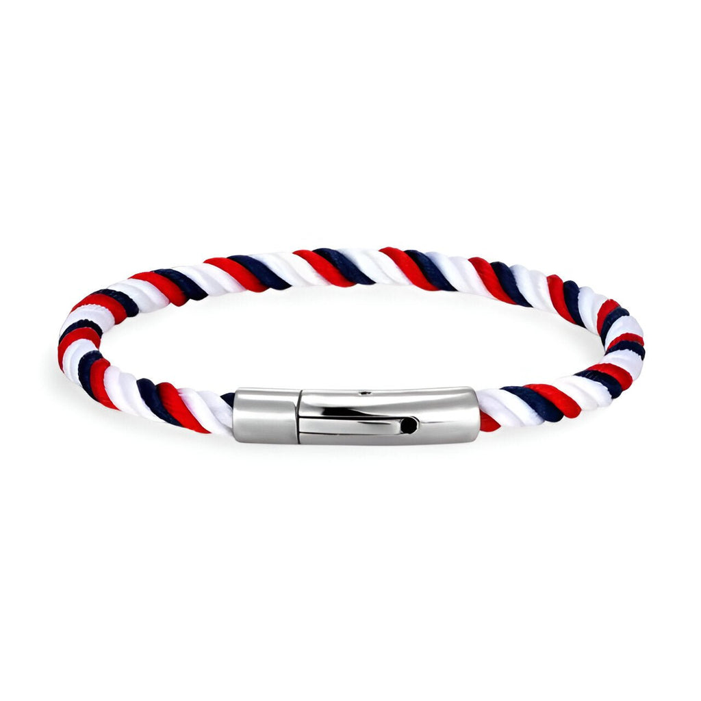 Bracelet cordon tricolore bleu blanc rouge avec fermoir métallique argenté lisse.