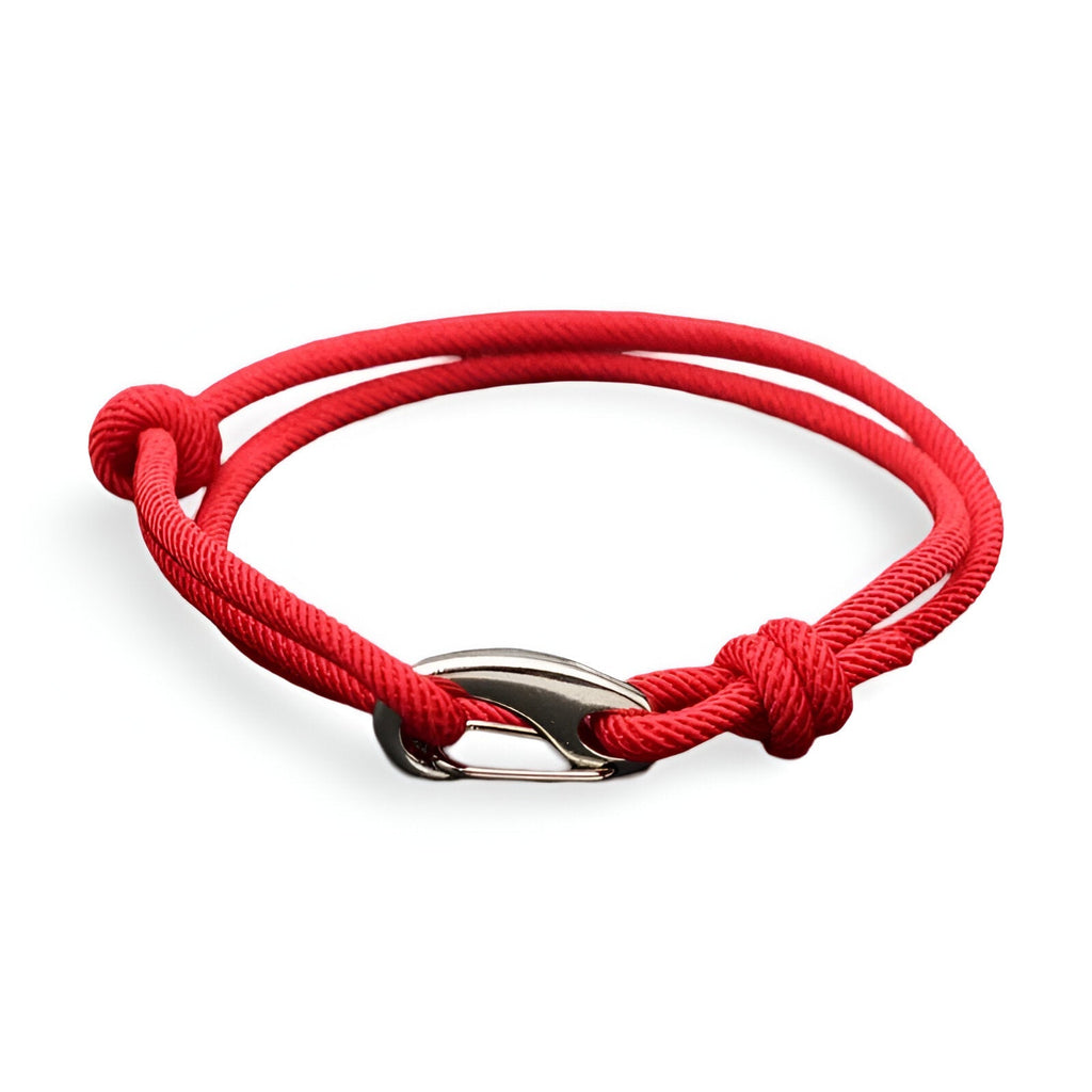 Bracelet cordon rouge avec mousqueton en métal argenté, style ajustable pour homme.