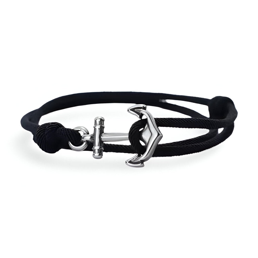 Bracelet cordon noir à ancre marine métallique argentée pour homme, modèle Mario.