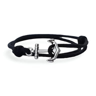Bracelet cordon noir à ancre marine métallique argentée pour homme, modèle Mario.