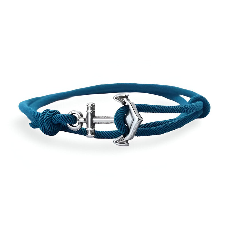 Bracelet cordon bleu marine avec ancre marine argentée coulissante, style marin pour homme.