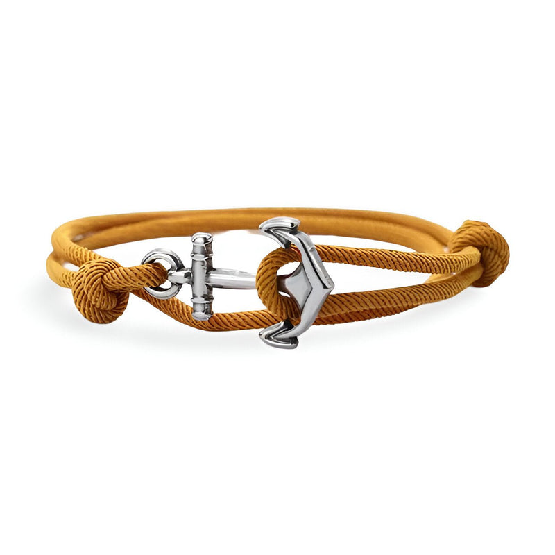 Bracelet cordon jaune avec ancre marine argentée coulissante pour homme.