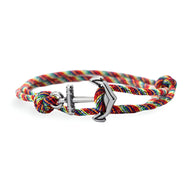 Bracelet cordon multicolore avec ancre marine en métal argenté, style nautique pour homme.